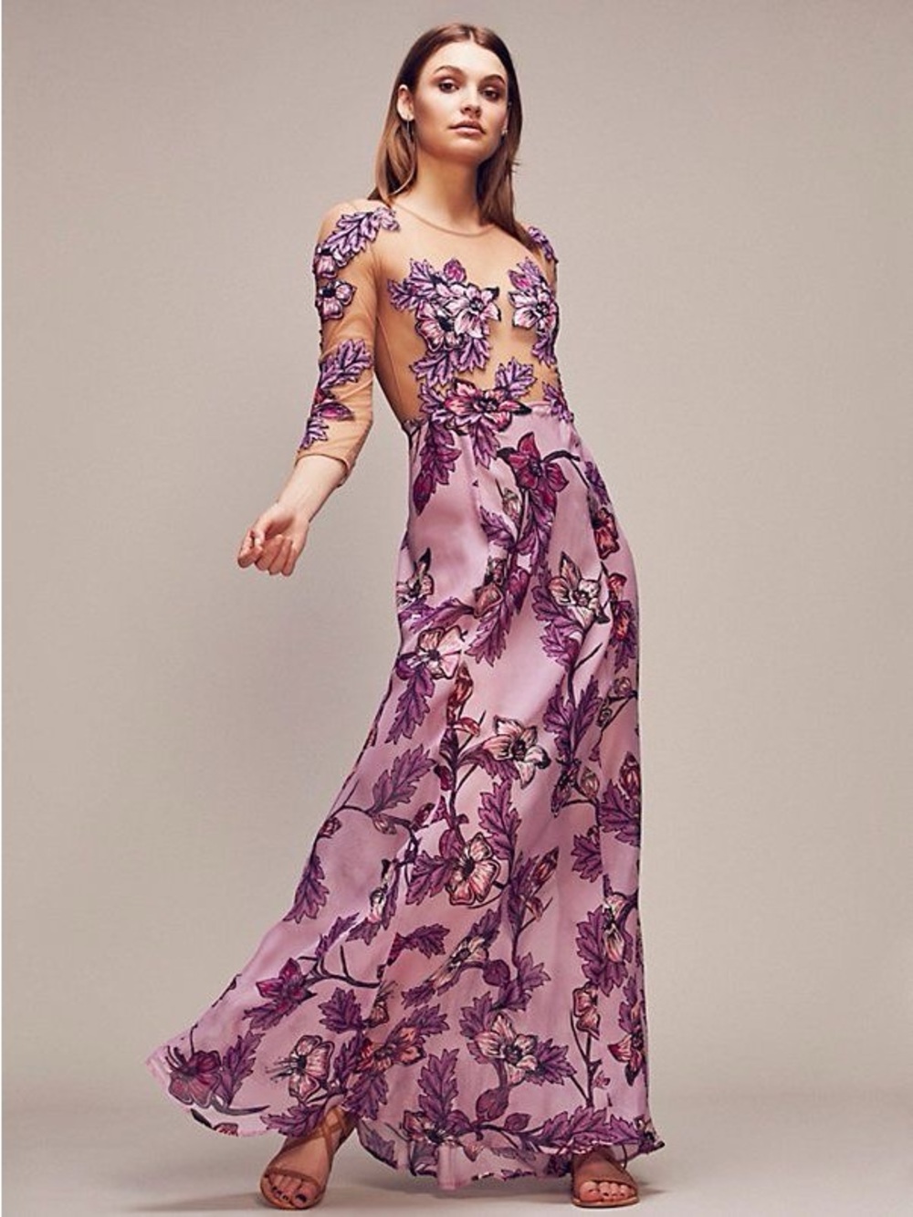 For Love & Lemons Floral Appliqué Lavender Maxi Dress